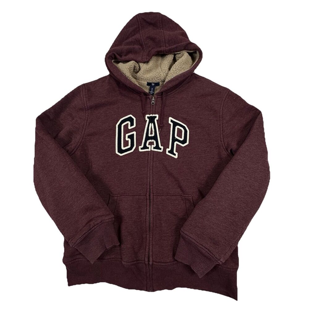GAP Lined Sherpa Jacket Hoodie Womens Large L Full Zip Embroidered Logo Maroon
